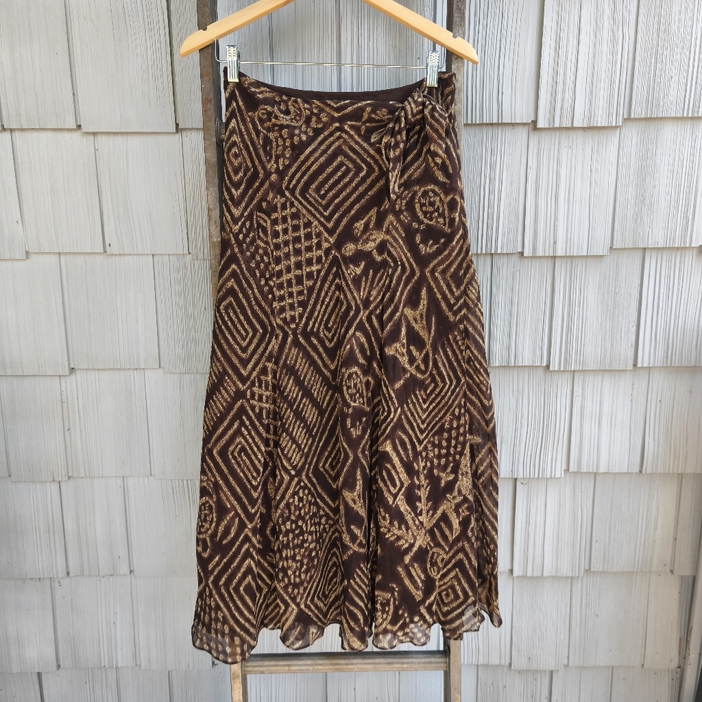 Lauren Ralph Lauren 100% Silk Side Tie Slit Maxi Skirt Size 4 Brown Tribal Print
